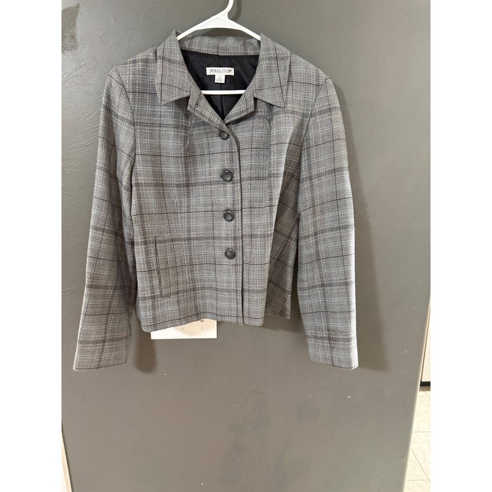 Pendleton Vintage Grey Plaid 100% Virgin Wool Button Front Blazer Jacket 12